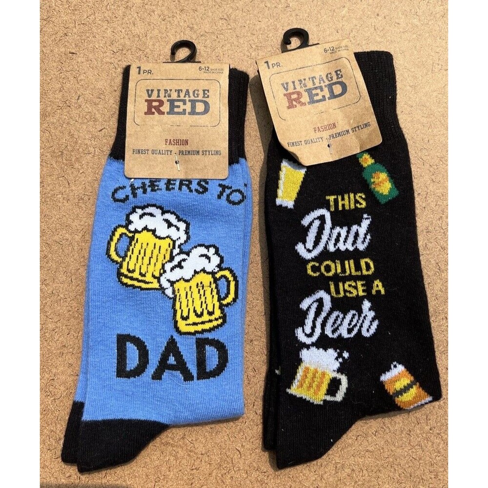 NWT  2 Pair Vintage Red Dad socks. Gift for Dad, Dad Beer, Adult Size 6-12 Socks